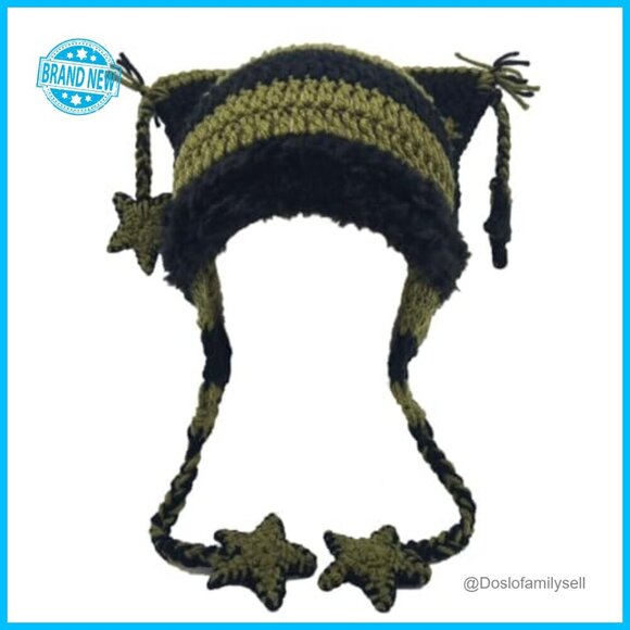Y2K Cat Ear Beanie Goth Grunge Crochet Knit Hat Women\'s Winter Accessory